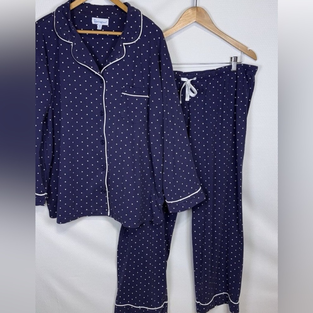 Pajamagram 1X Cotton Navy White Polka Dot Pajama Set Loungewear Sleepwear